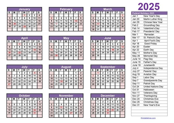 Printable 2025 Holidays Calendar