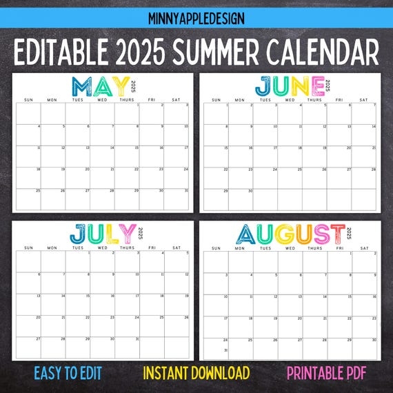 Summer Calendar June July August 2025