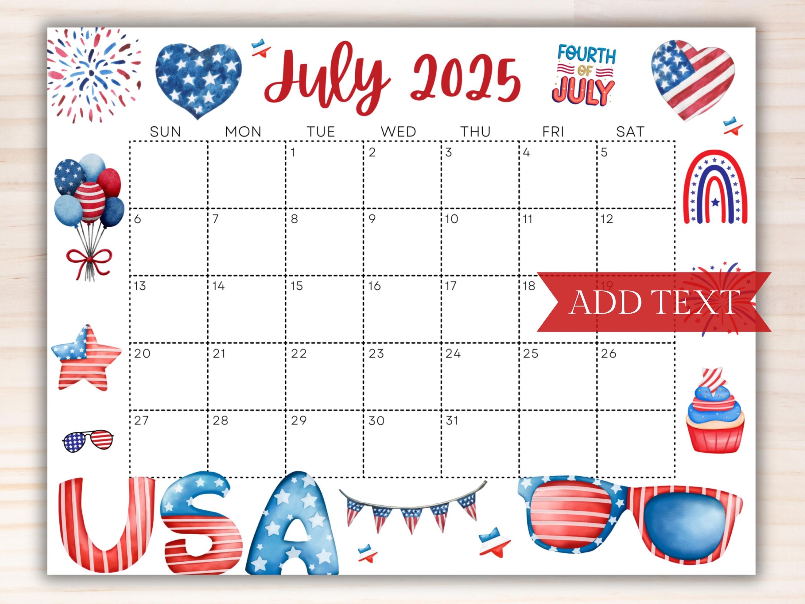 Printable Fourth Of July 2025 Calendar Editable Summer Calendar With American Flag Monthly Calendar Fillable Calendar July Planner Etsy UK