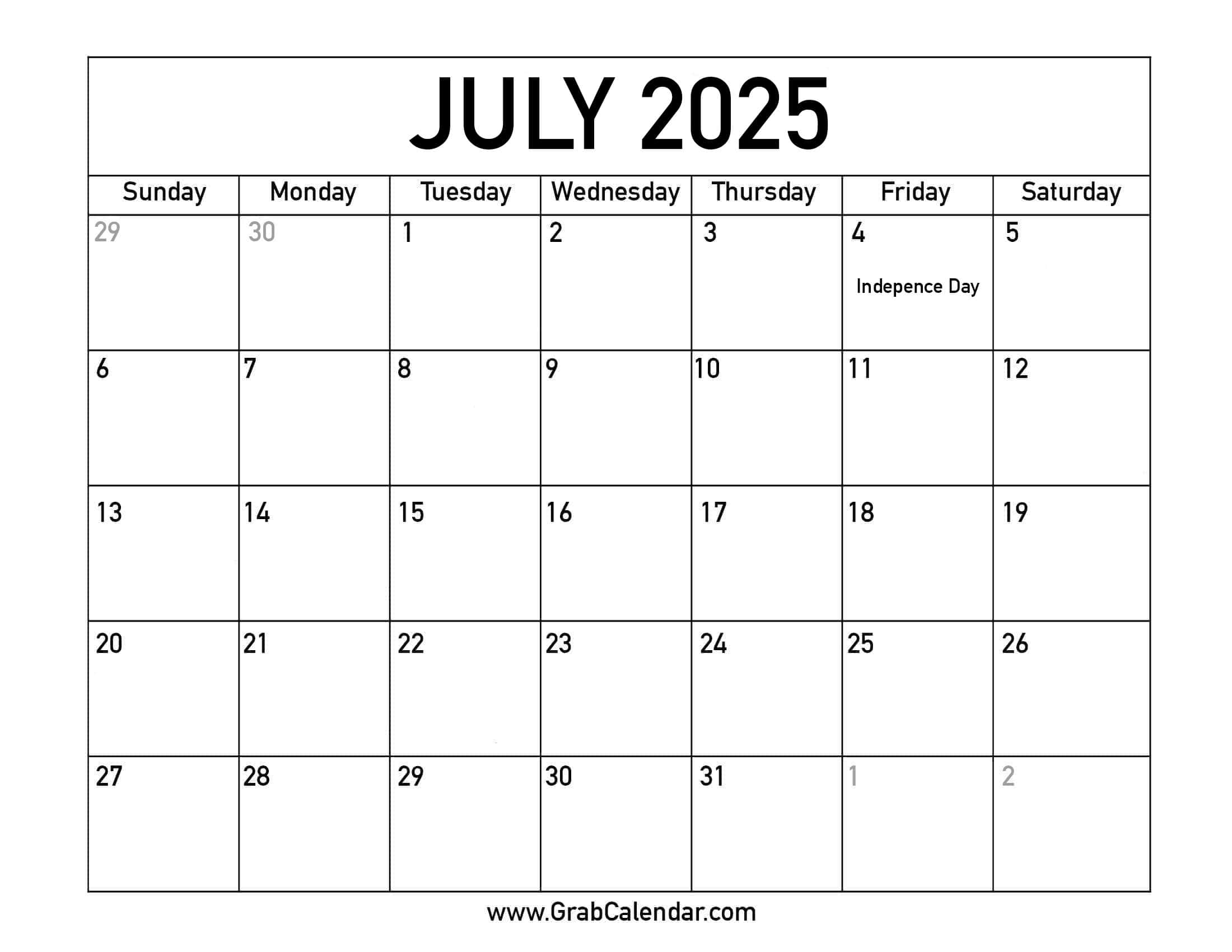 Printable July 2025 Calendar