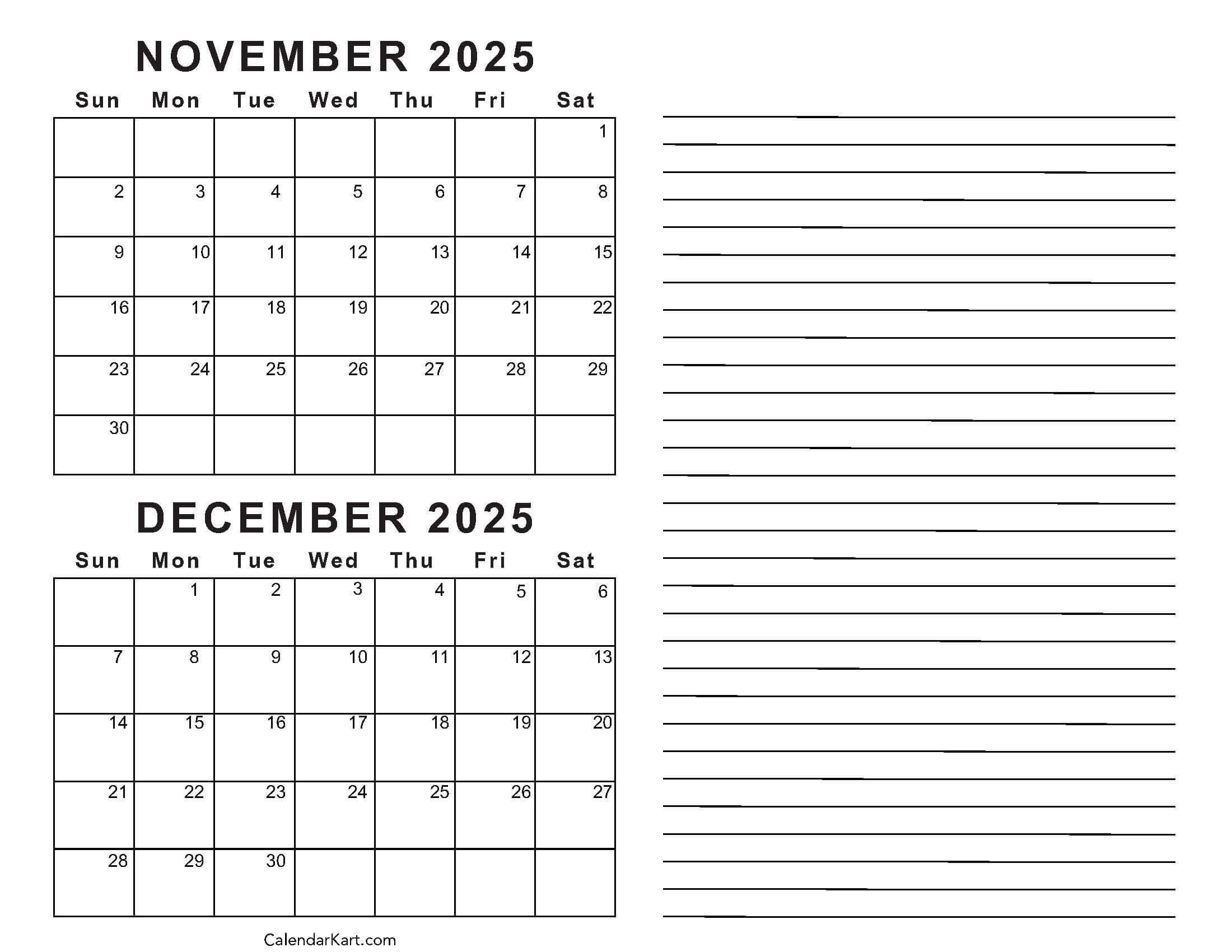 2025 Calendar Printable Novermber And December