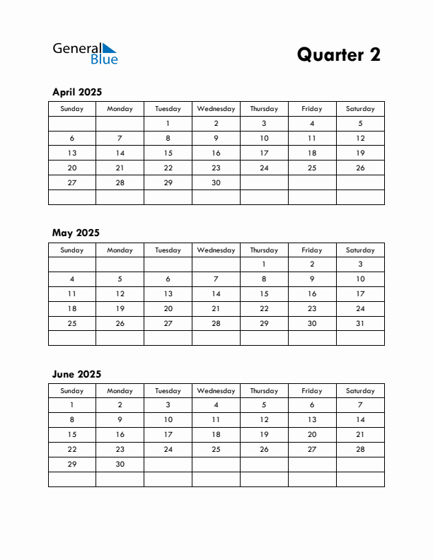 Q2 Quarterly Calendar 2025 In PDF Word Excel