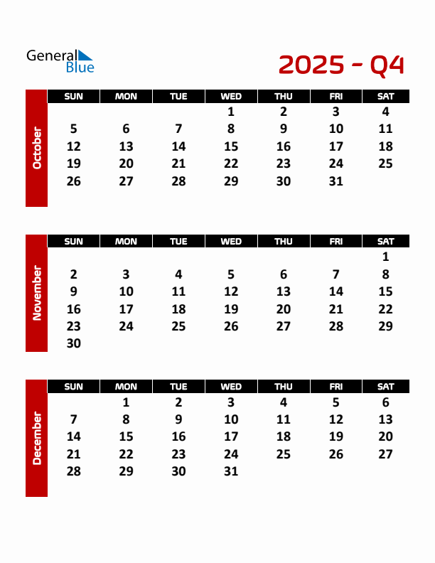 Q4 Quarterly Calendar 2025 In PDF Word Excel