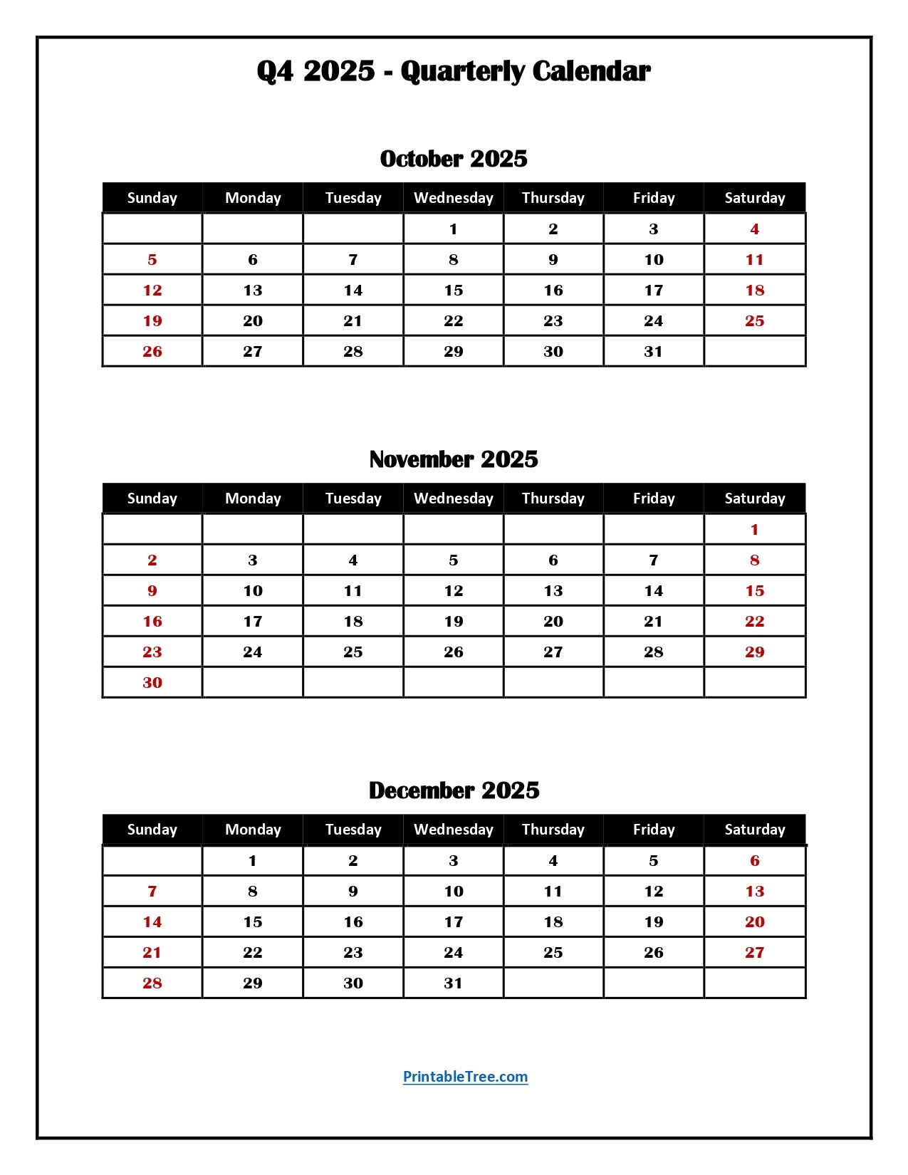 Q4 Quarterly Calendar 2025 Printable PDF Templates