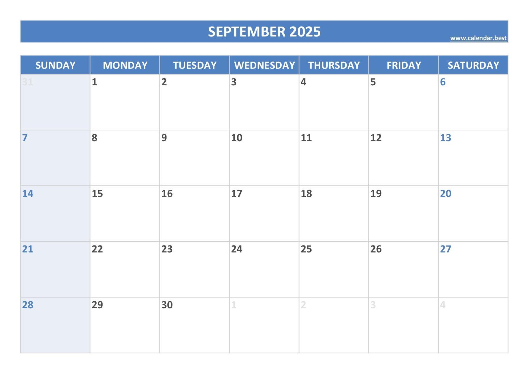 Calendar 2025 September Month