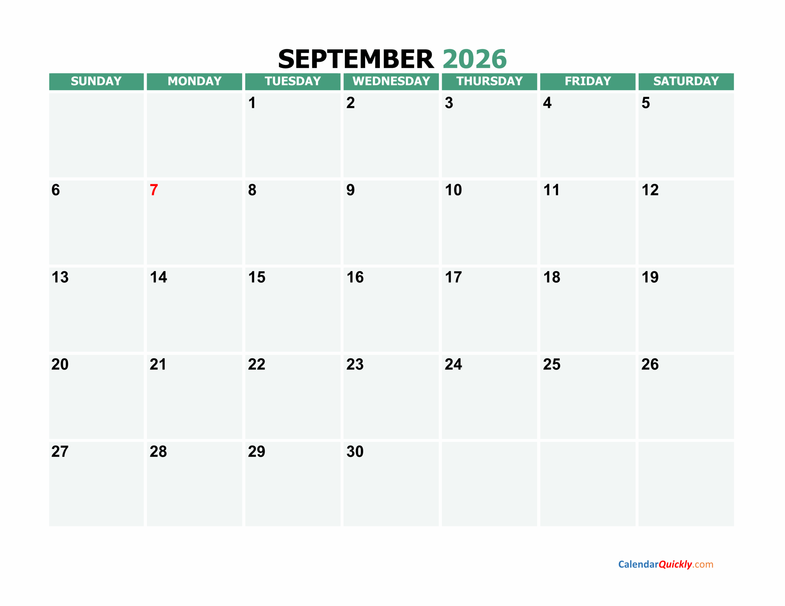 September 2026 Printable Calendar Calendar Quickly