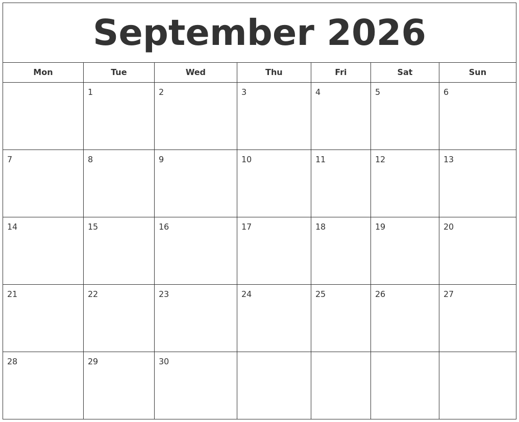 September 2026 Printable Calendar