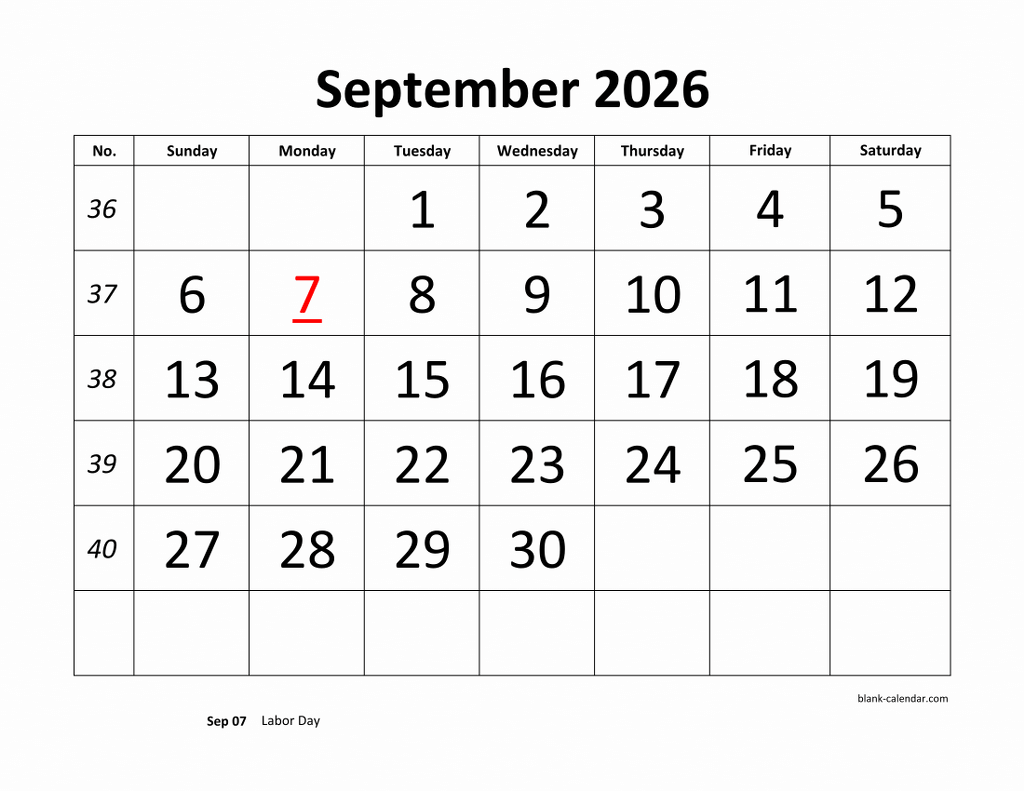 September 2026 Printable Calendar