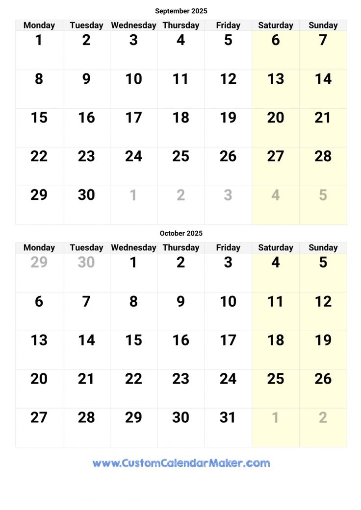 September And October Calendar 2025