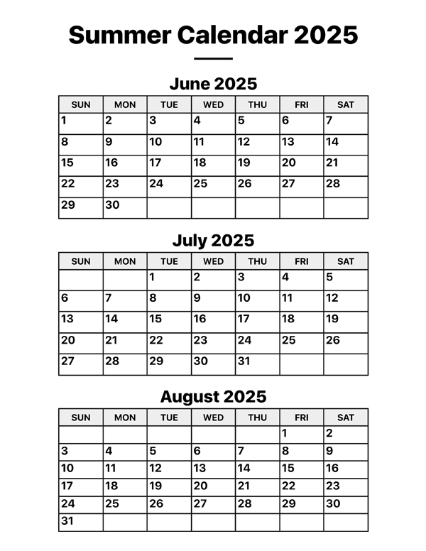 July Summer Calendar 2025