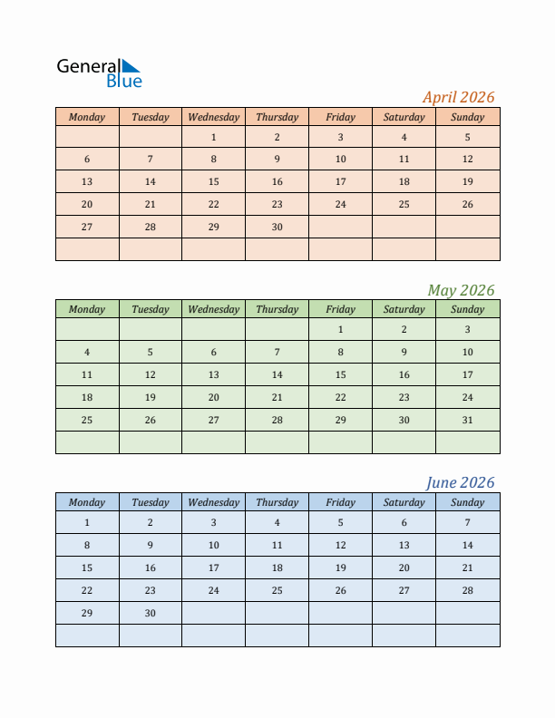 Three Month Calendar For Year 2026 April May And June 