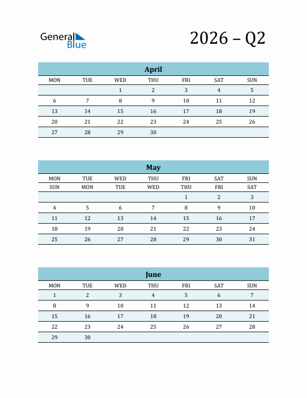 Three Month Calendar For Year 2026 April May And June 