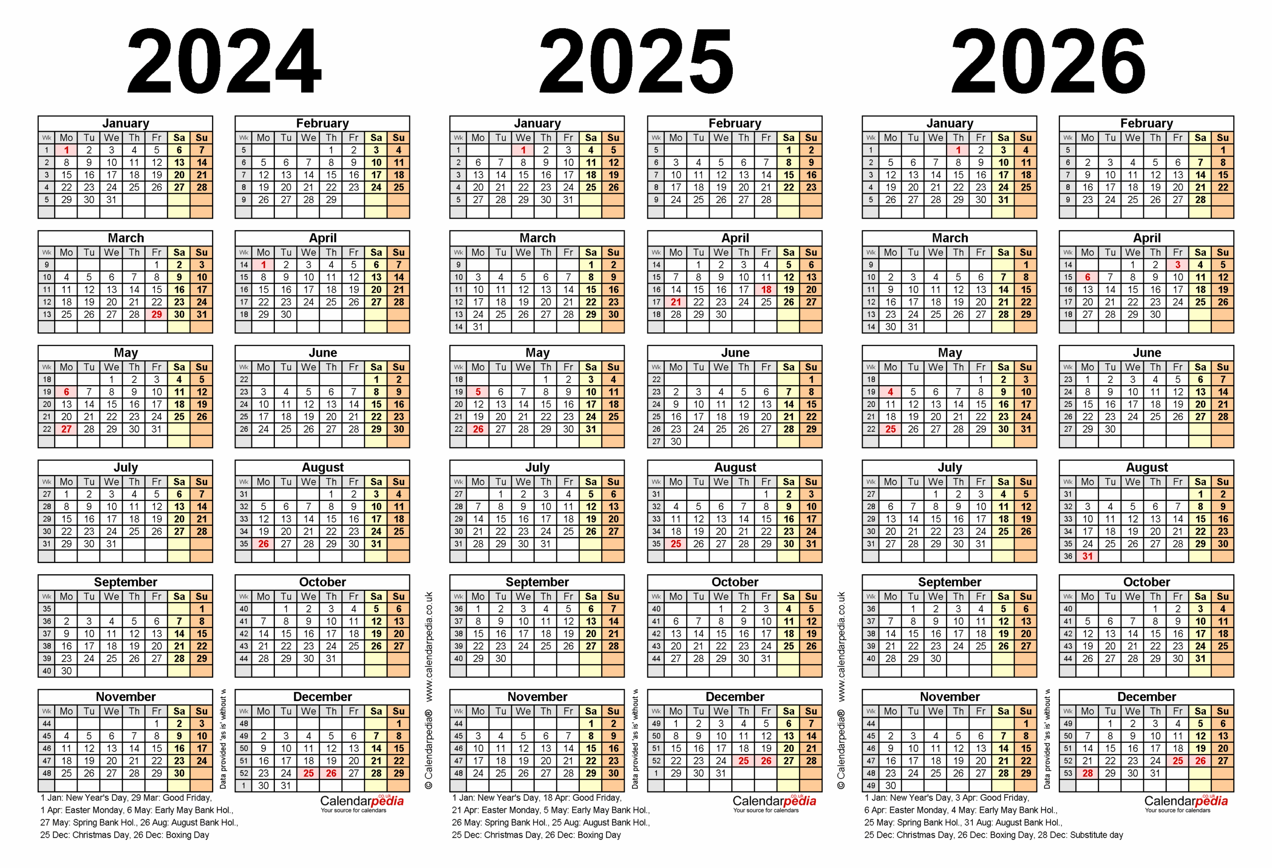 Three Year Calendars For 2024 2025 And 2026 UK For PDF
