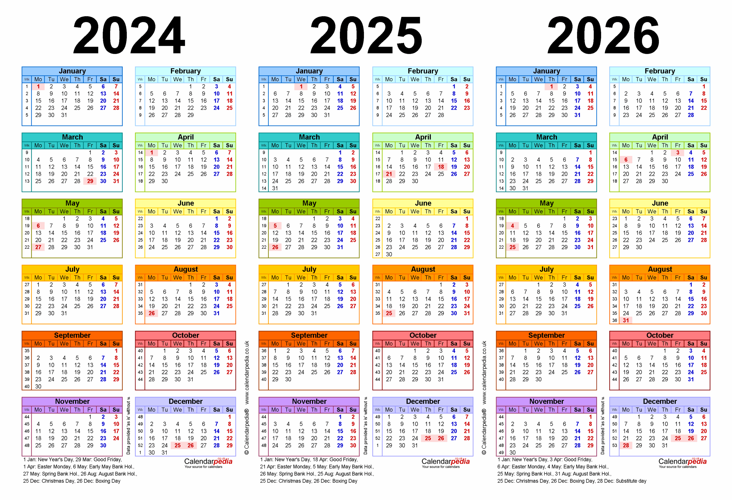 Three Year Calendars For 2024 2025 And 2026 UK For PDF