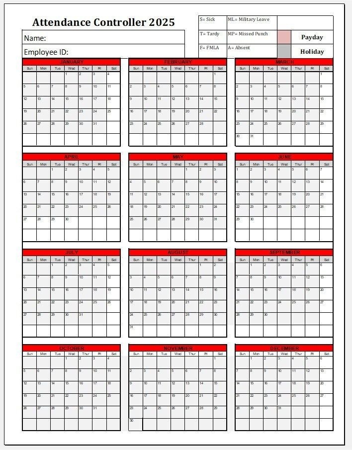 Time U0026 Attendance Controller 2025 Tracker Instant Download Printable