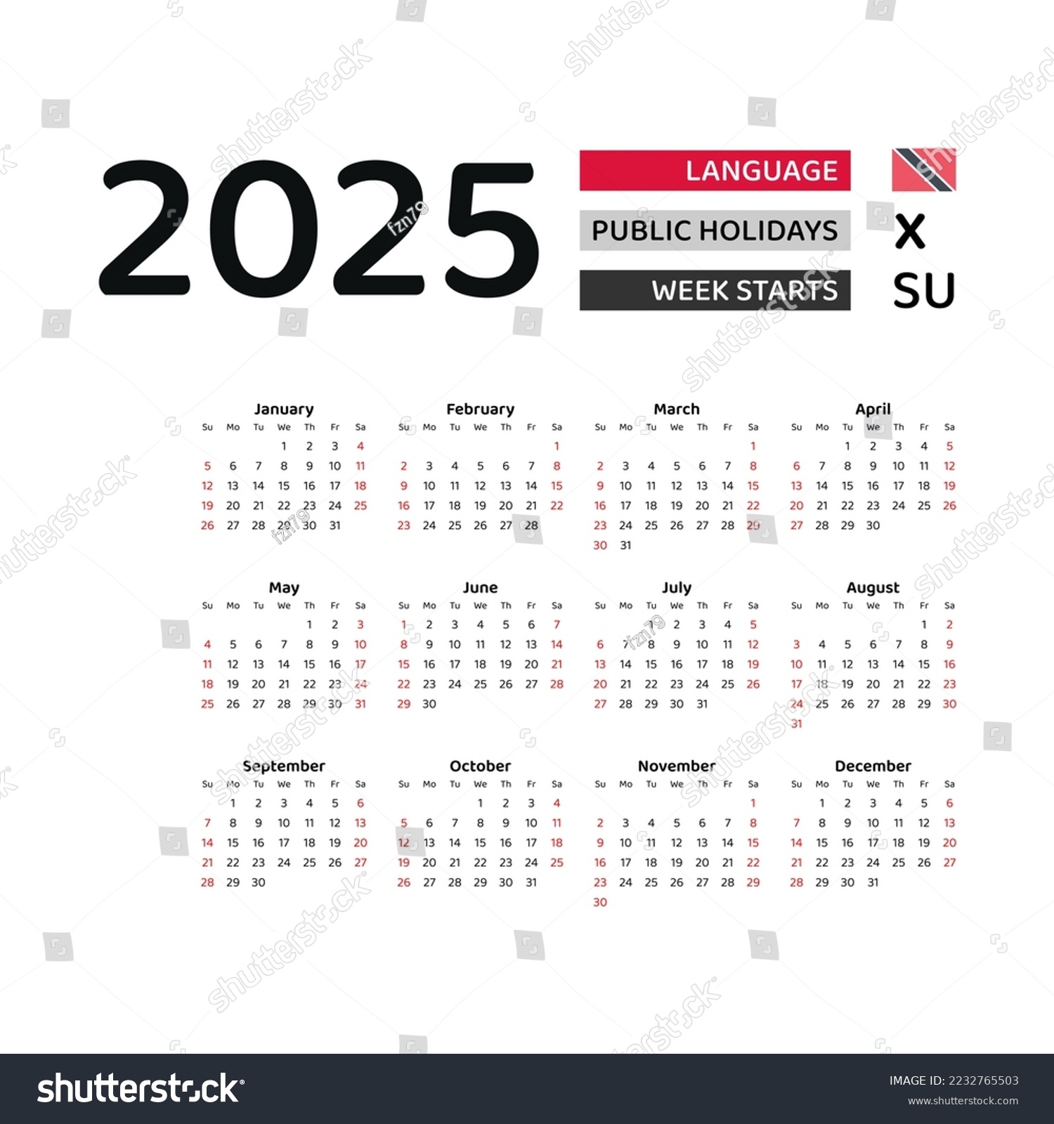 Trinidad Tobago Calendar 2025 Week Starts Stock Vector Royalty Free 2232765503 Shutterstock
