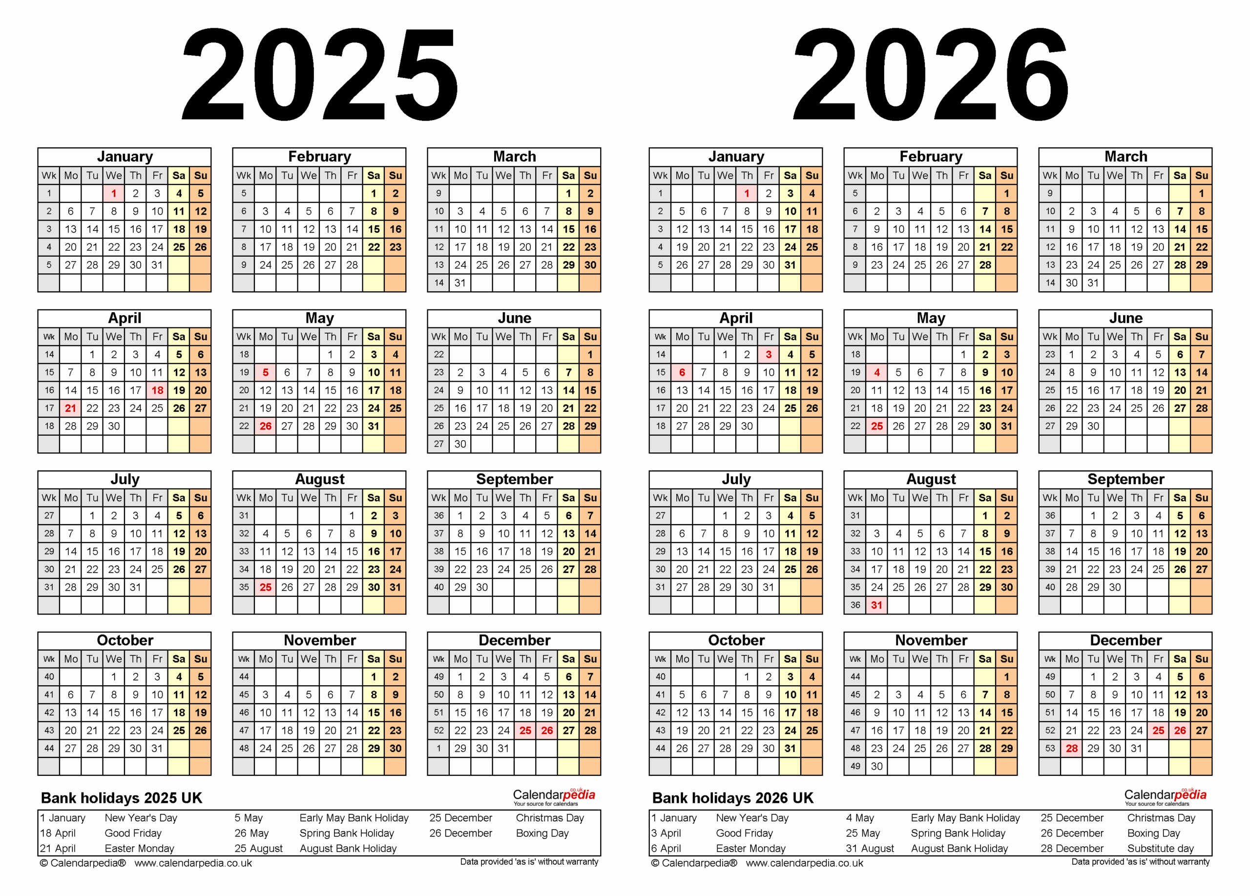 Two Year Calendars For 2025 And 2026 UK For Microsoft Word
