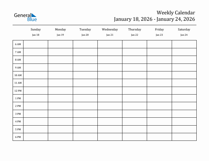 Weekly Calendar January 18 2026 To January 24 2026 PDF Word Excel 