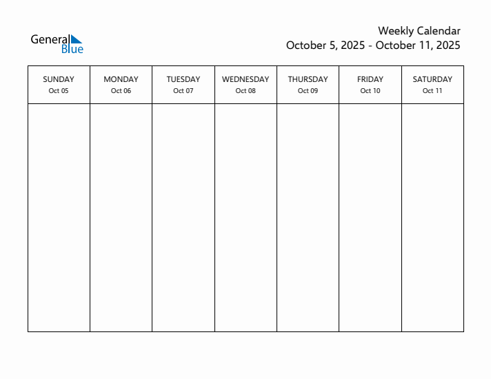 Weekly Calendar October 5 2025 To October 11 2025 PDF Word 