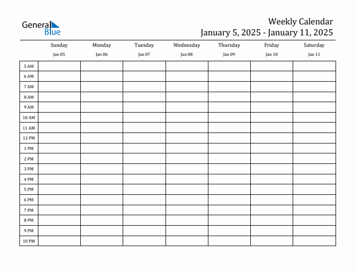 Weekly Calendar With Time Slots Week Of January 5 2025
