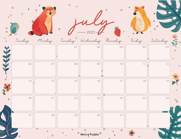 Whimsical July 2025 Calendar With Cute Animal Design Free Printable