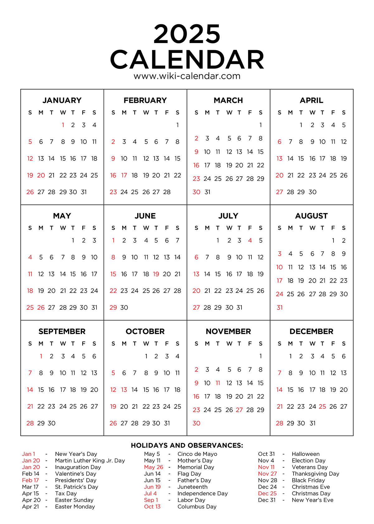 2025 Calendar Printable Year