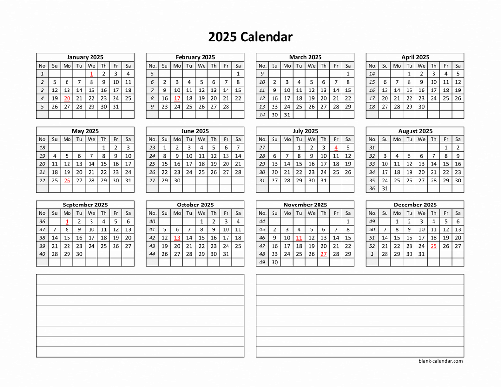 Free Printable 2025 Calendar With Notes