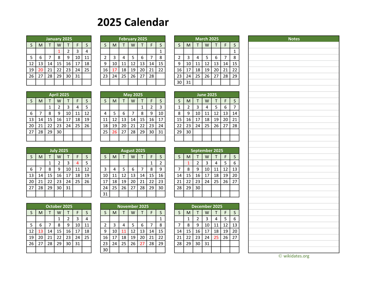 Free Printable Calendar 2025 With Room For Notes